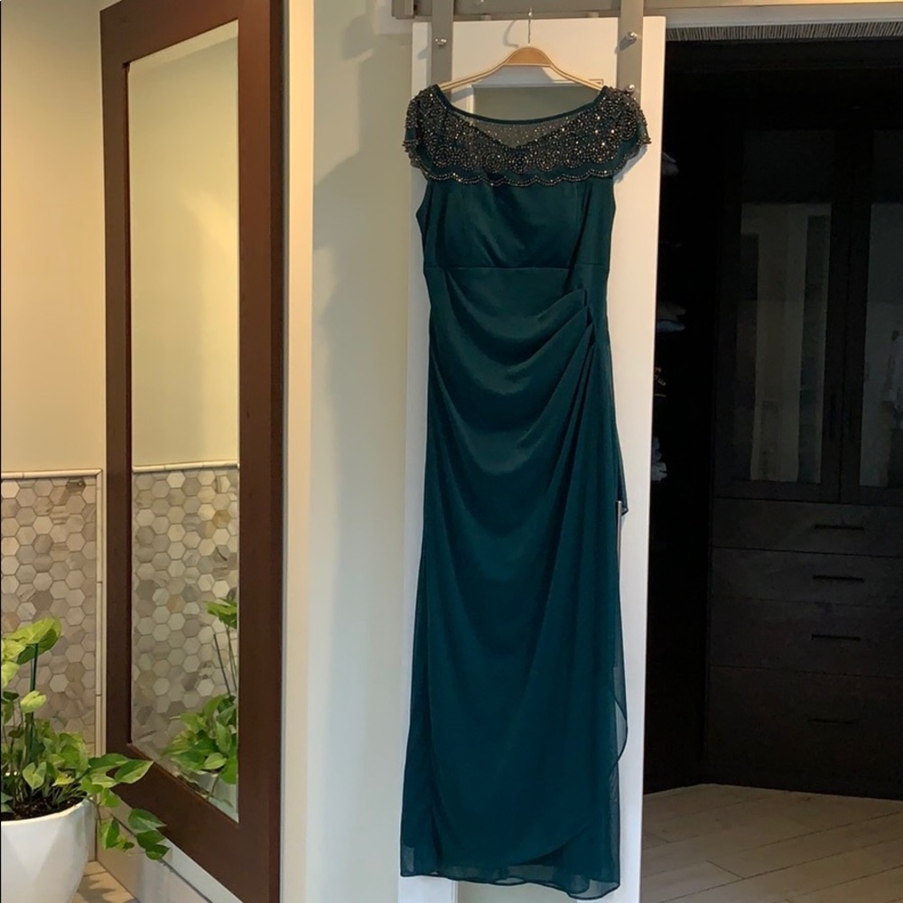 MSK Formal Green Beaded Side Ruffle Gown